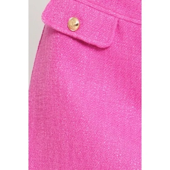 Valentines Day Hot Pink Tweed Faux Pocket Woven Button Mini Skirt - Picture 4 of 4
